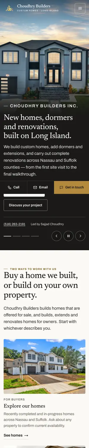 Choudhry Builders homepage on a phone